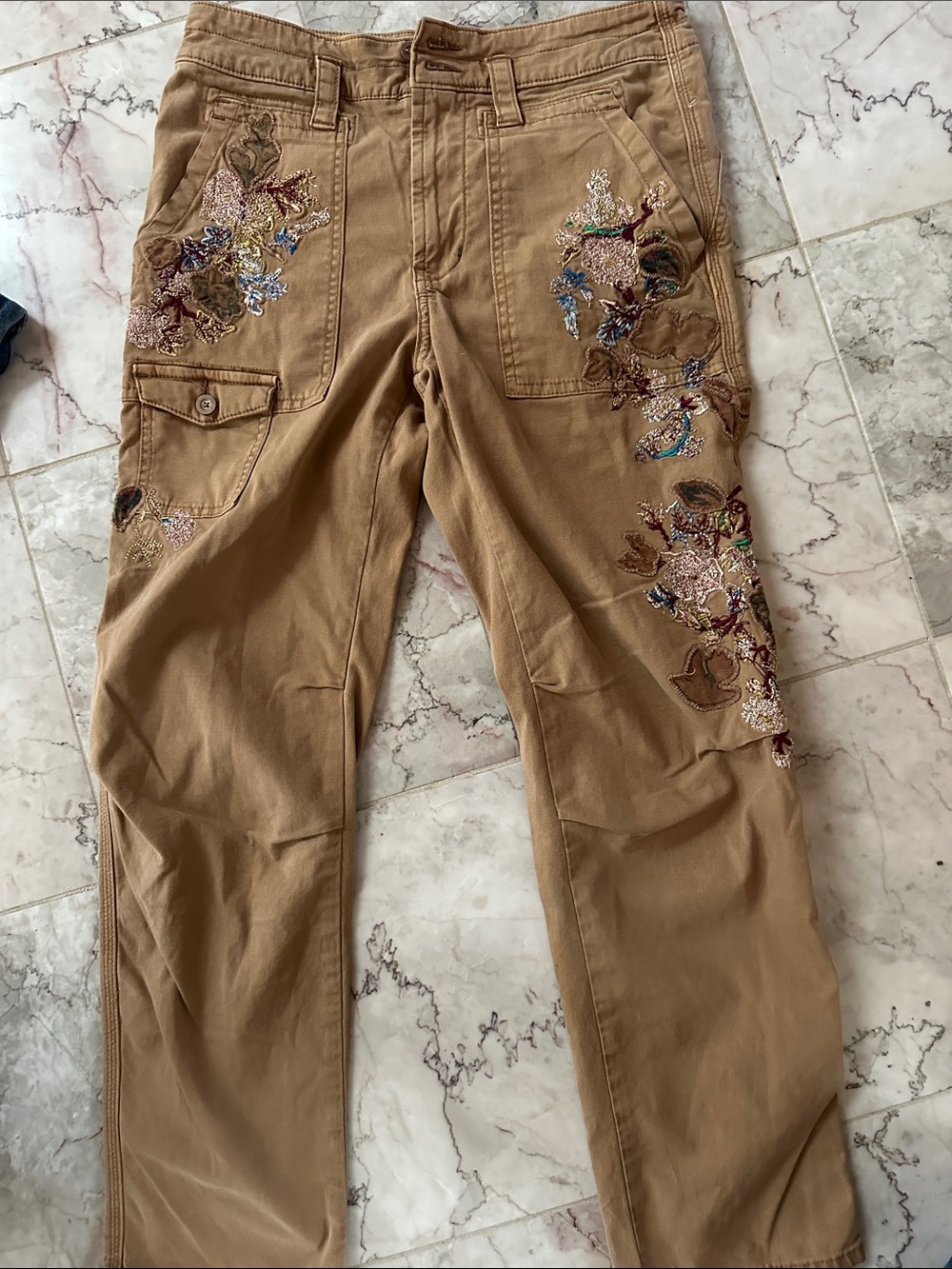 Anthropologie Embroidered Tan Cargo Pants size 27